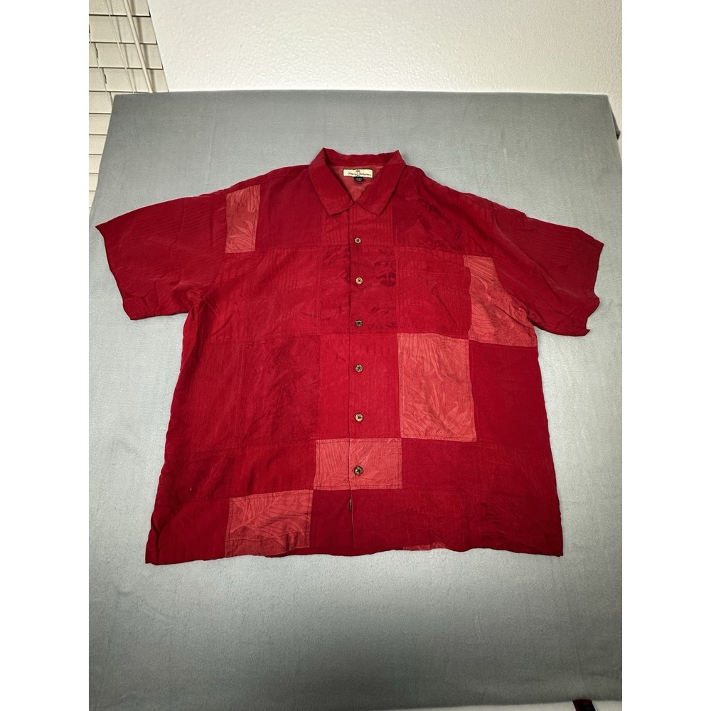 Tommy Bahama Men's Red Patchwork Silk Camp Shirt Shirt Sleeve Size XXL Tropical